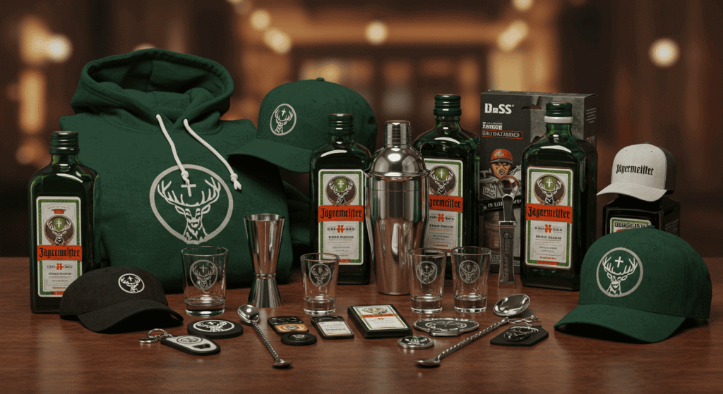 Jägermeister branded swag items displayed as contest prizes