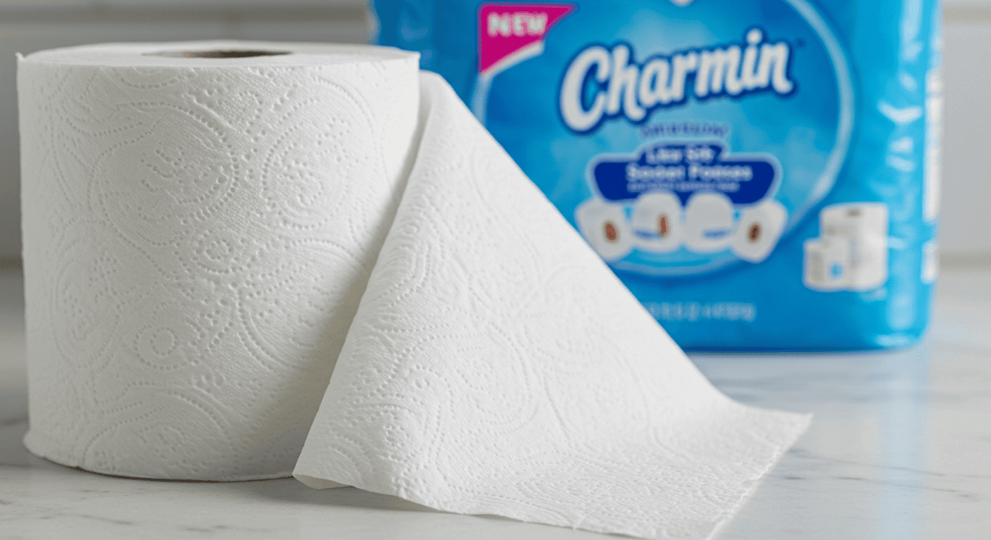 Charmin Super Mega Sweepstakes promotional banner featuring toilet paper packs