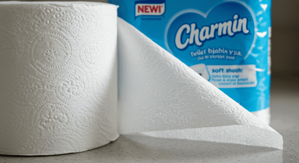 Charmin Super Mega toilet paper rolls displayed with sweepstakes details