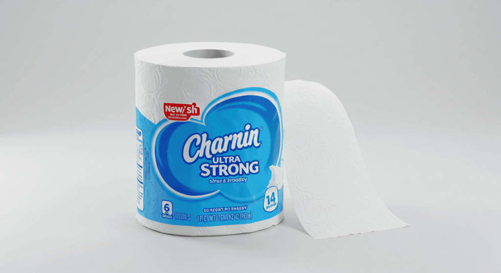 Close-up of Charmin Super Mega toilet paper packs and contest information