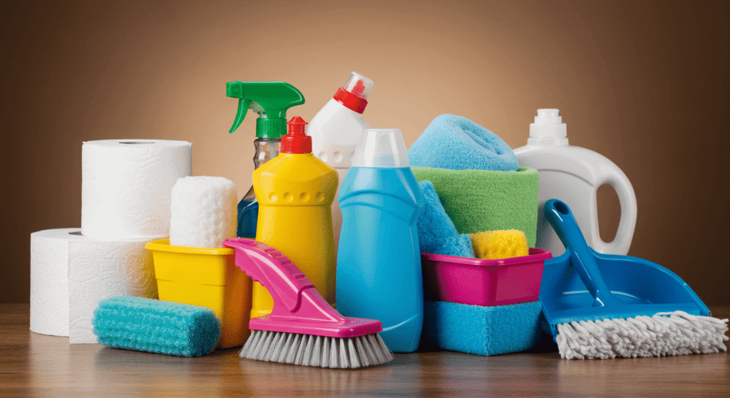 Household product testing session in progress with cleaning products being used