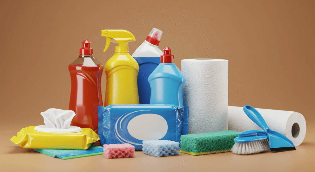 Household cleaning products displayed for product testing and review