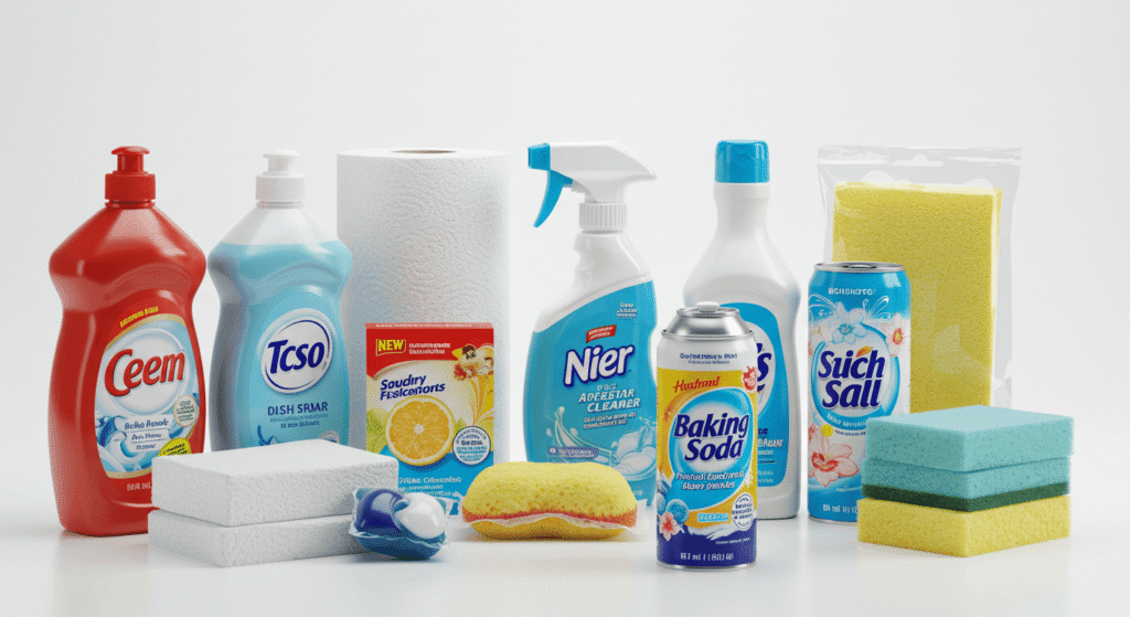 Assorted household products being reviewed as part of household product testing