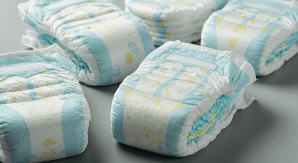 Free diaper samples arranged on a baby changing table